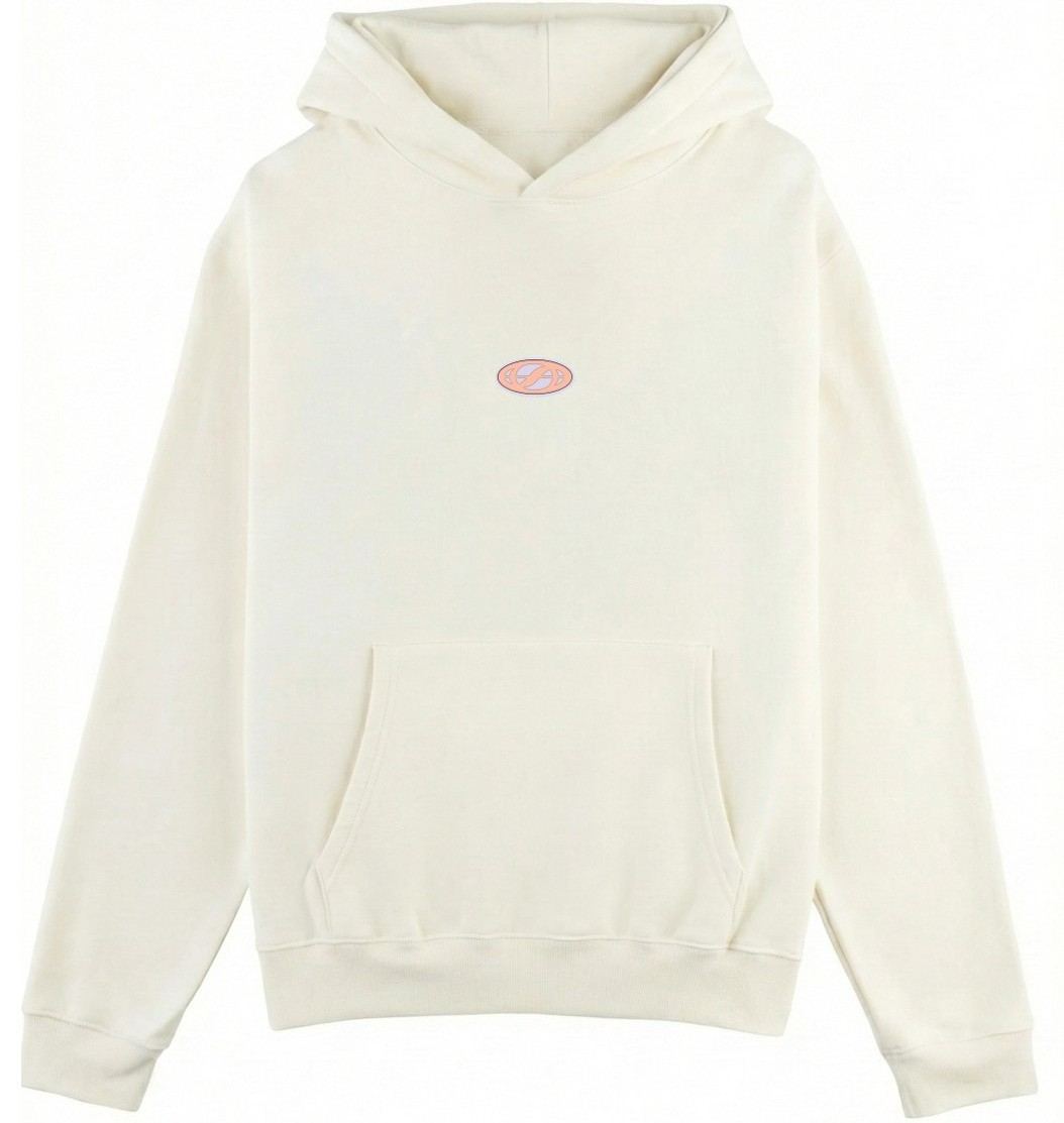 Sudadera Horses color crema, vista delantera con el logo en rosa