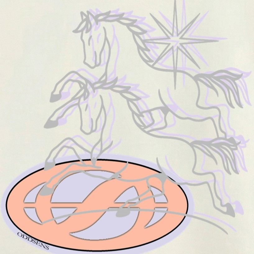 Detalle del estampado trasero de caballos y logo ovalado de la sudadera Horses