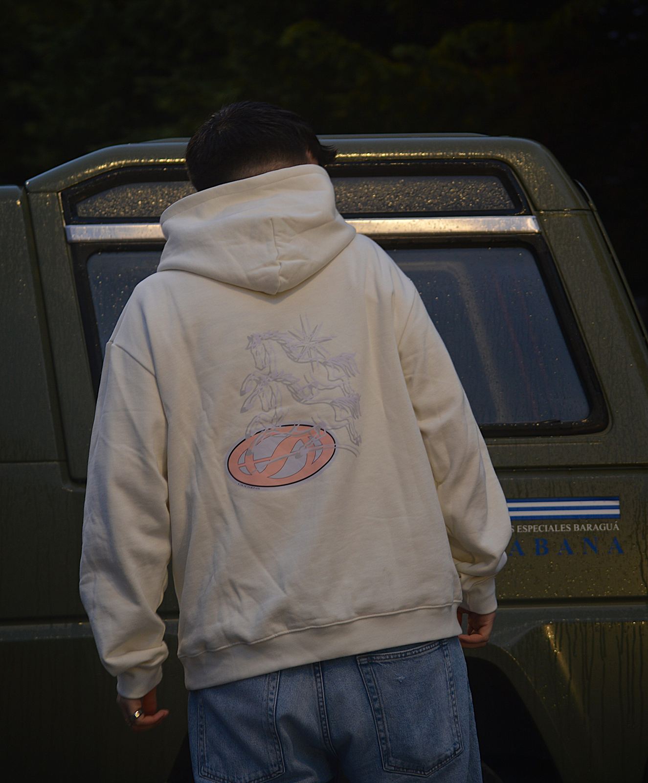 Modelo de espaldas mostrando el estampado de caballos de la sudadera Horses