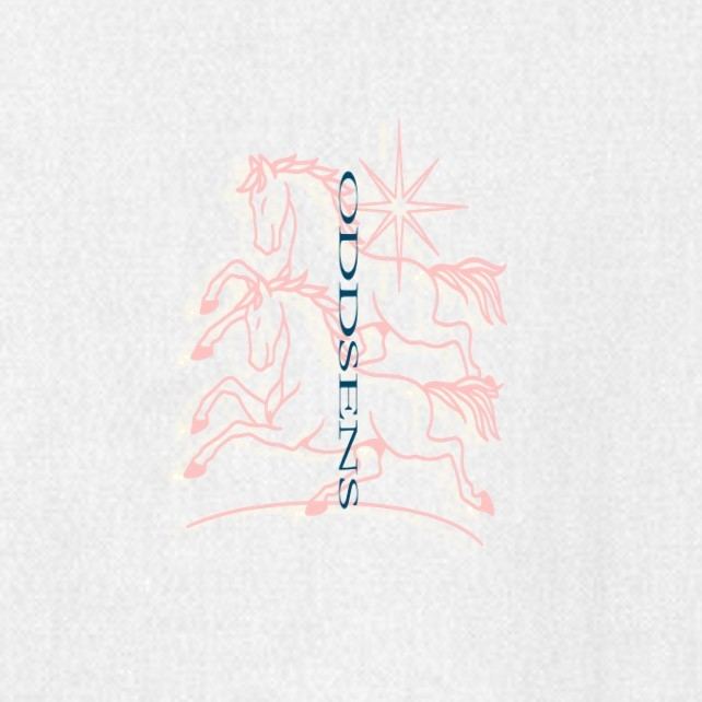 Detalle del estampado de caballos y la palabra ODDSENS en vertical